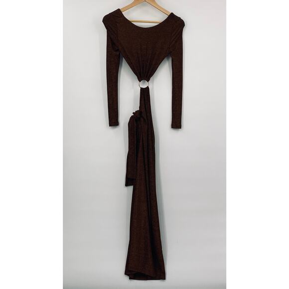 MESHKI Christina Backless Cut out Dress Long Sleeve Brown Gold Metallic NEW XXS - Picture 4 of 12